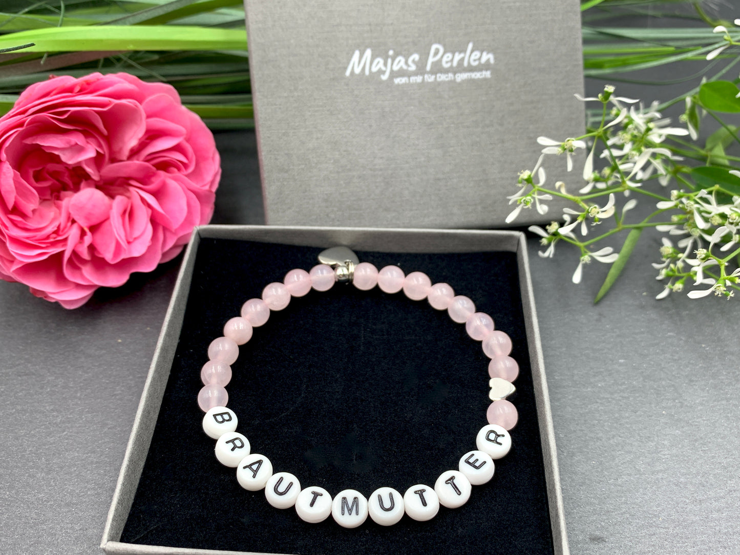 Armband Brautmutter Rosenquarz Herz echt platiniert - Geschenk für Mutter der Braut Brautmama - Andenken Hochzeit - Erinnerungsschmuck - Handmade personalisierbar