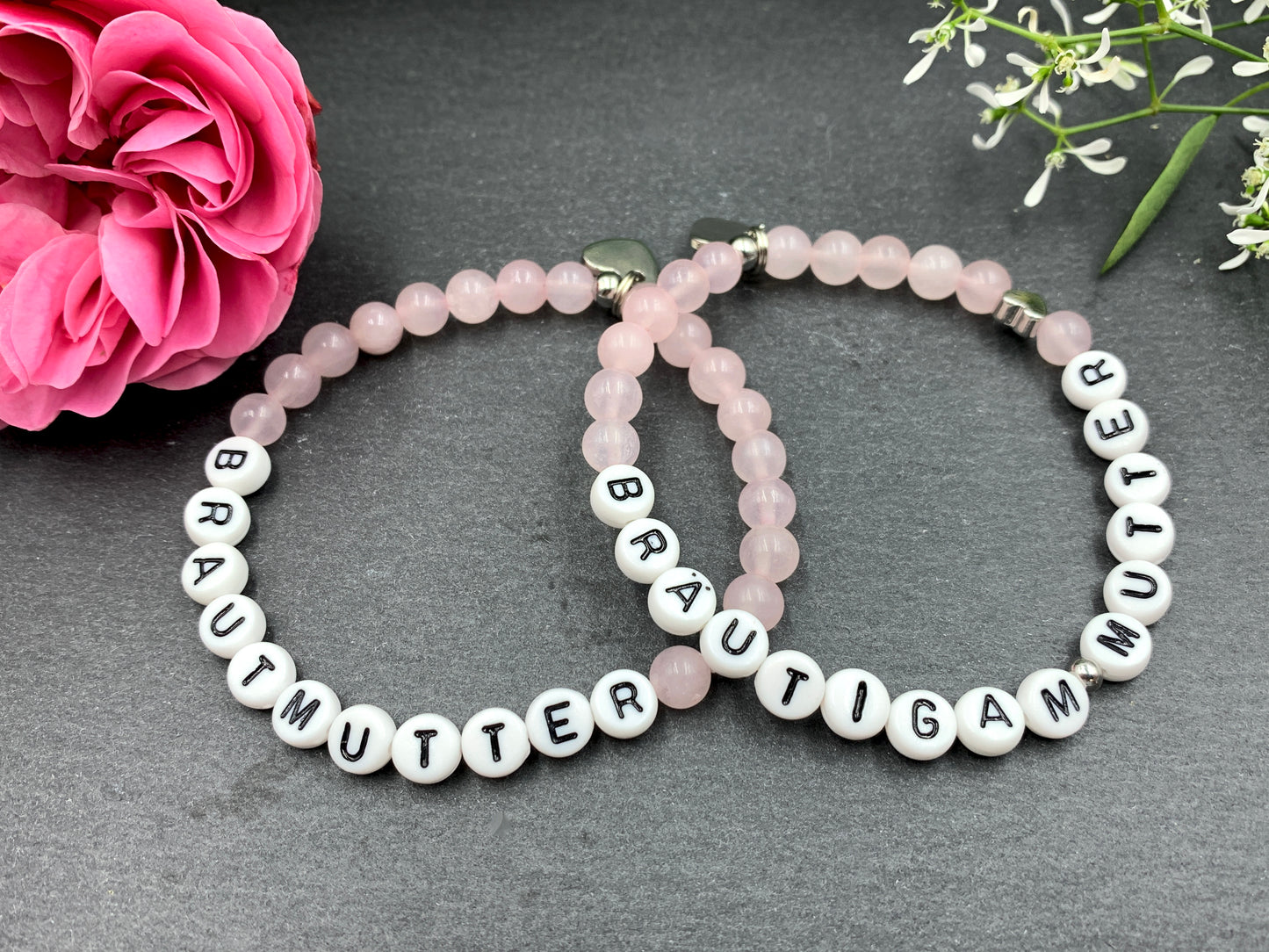 Armband Brautmutter Rosenquarz Herz echt platiniert - Geschenk für Mutter der Braut Brautmama - Andenken Hochzeit - Erinnerungsschmuck - Handmade personalisierbar