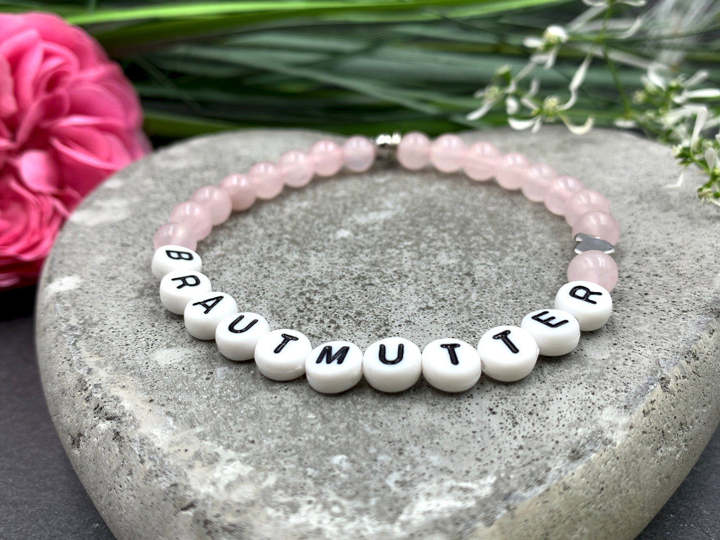 Armband Brautmutter Rosenquarz Herz echt platiniert - Geschenk für Mutter der Braut Brautmama - Andenken Hochzeit - Erinnerungsschmuck - Handmade personalisierbar