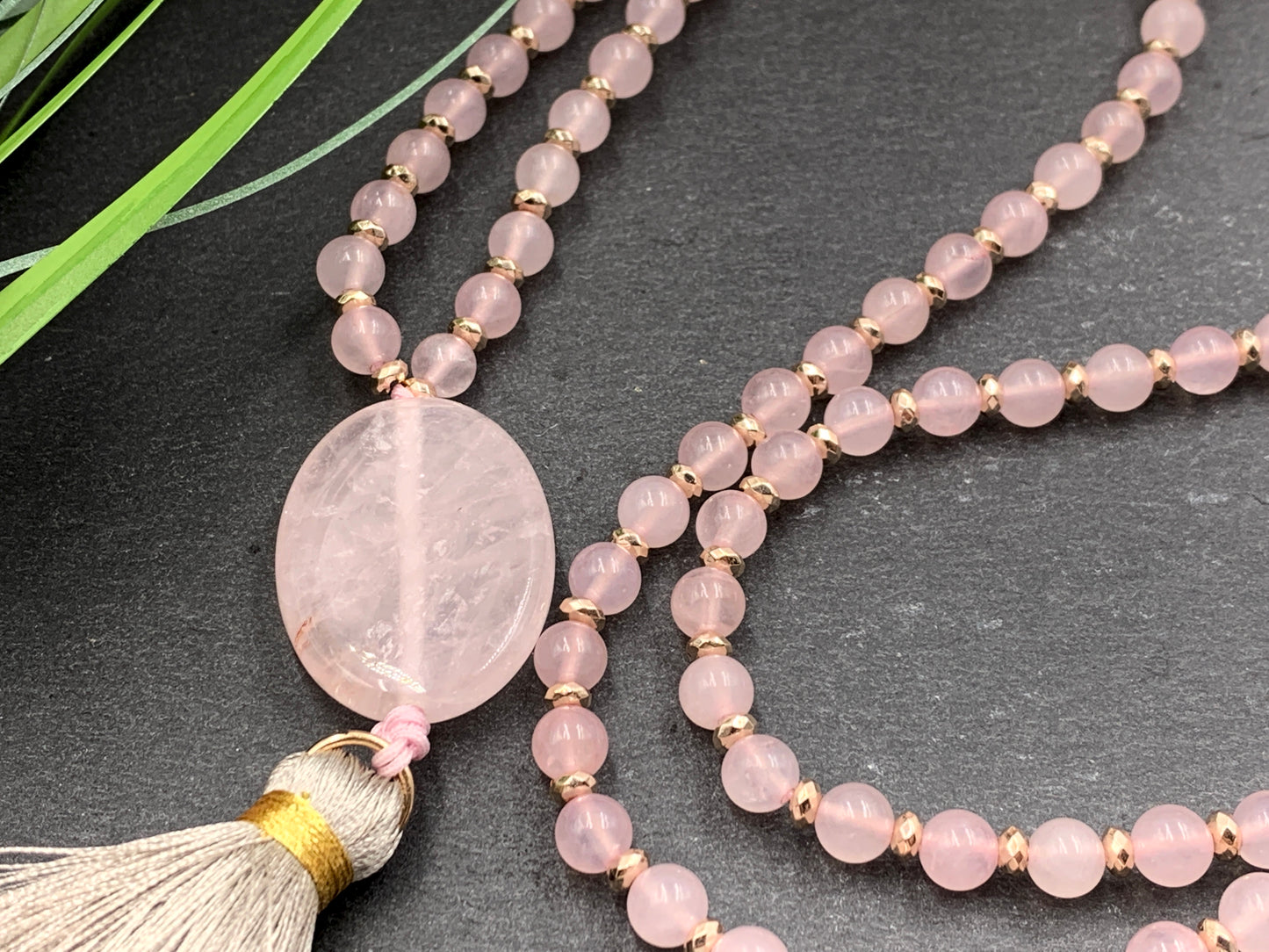 Malakette Rosenquarz facettierte Hämatitperlenhandgeknotet - Meditationskette 108 Perlen Halskette - Gebetskette Yoga - Handmade personalisierbar