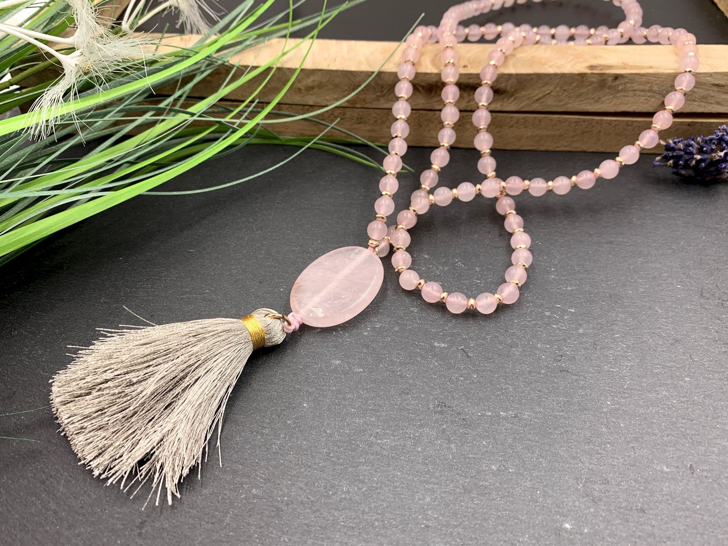 Malakette Rosenquarz facettierte Hämatitperlenhandgeknotet - Meditationskette 108 Perlen Halskette - Gebetskette Yoga - Handmade personalisierbar