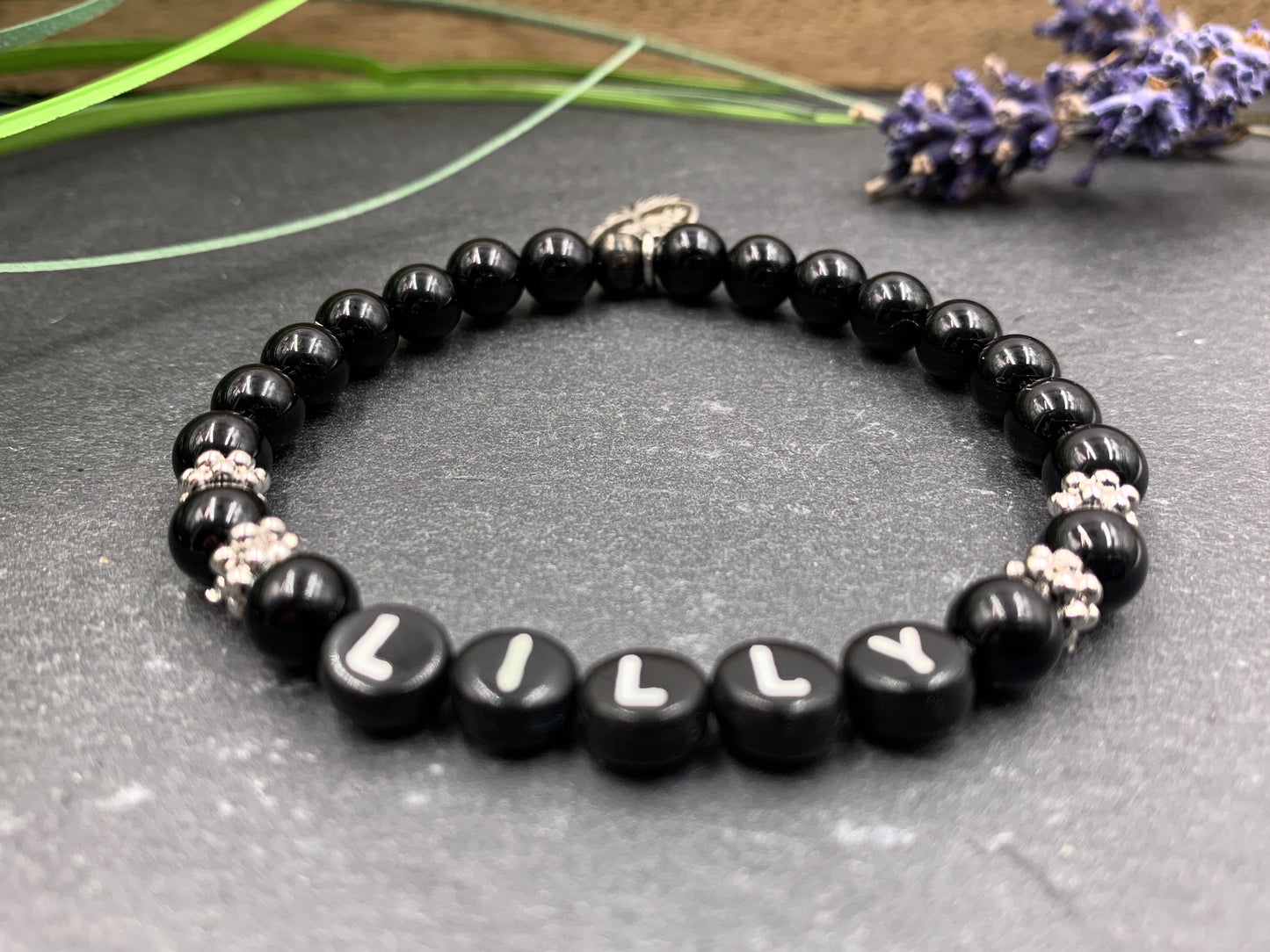 Armband schwarzer Achat Lilly mit echt platinierten Perlen - Namensarmband Freundschaftsarmband - Geschenk Mädcehn Mama Kinderarmband - Handmade personalisierbar