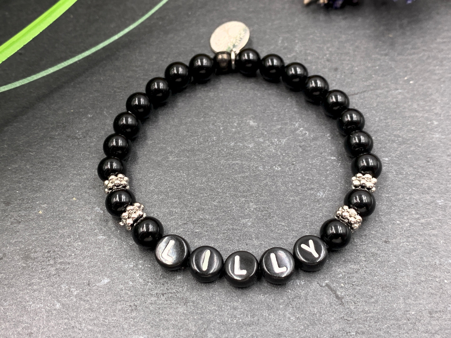 Armband schwarzer Achat Lilly mit echt platinierten Perlen - Namensarmband Freundschaftsarmband - Geschenk Mädcehn Mama Kinderarmband - Handmade personalisierbar