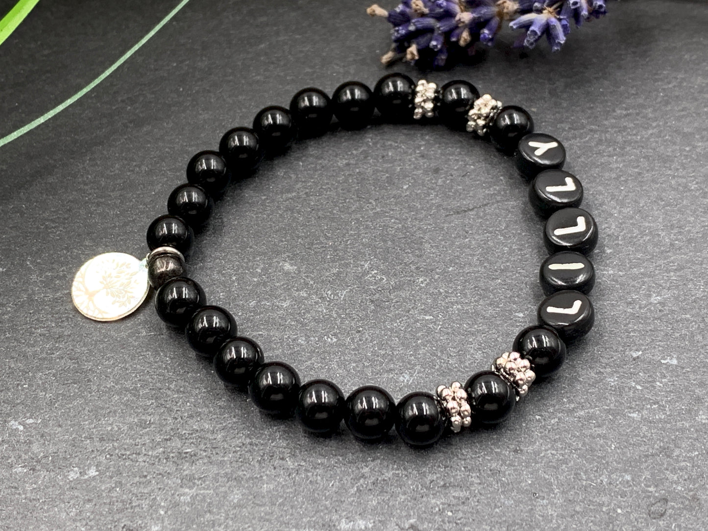 Armband schwarzer Achat Lilly mit echt platinierten Perlen - Namensarmband Freundschaftsarmband - Geschenk Mädcehn Mama Kinderarmband - Handmade personalisierbar