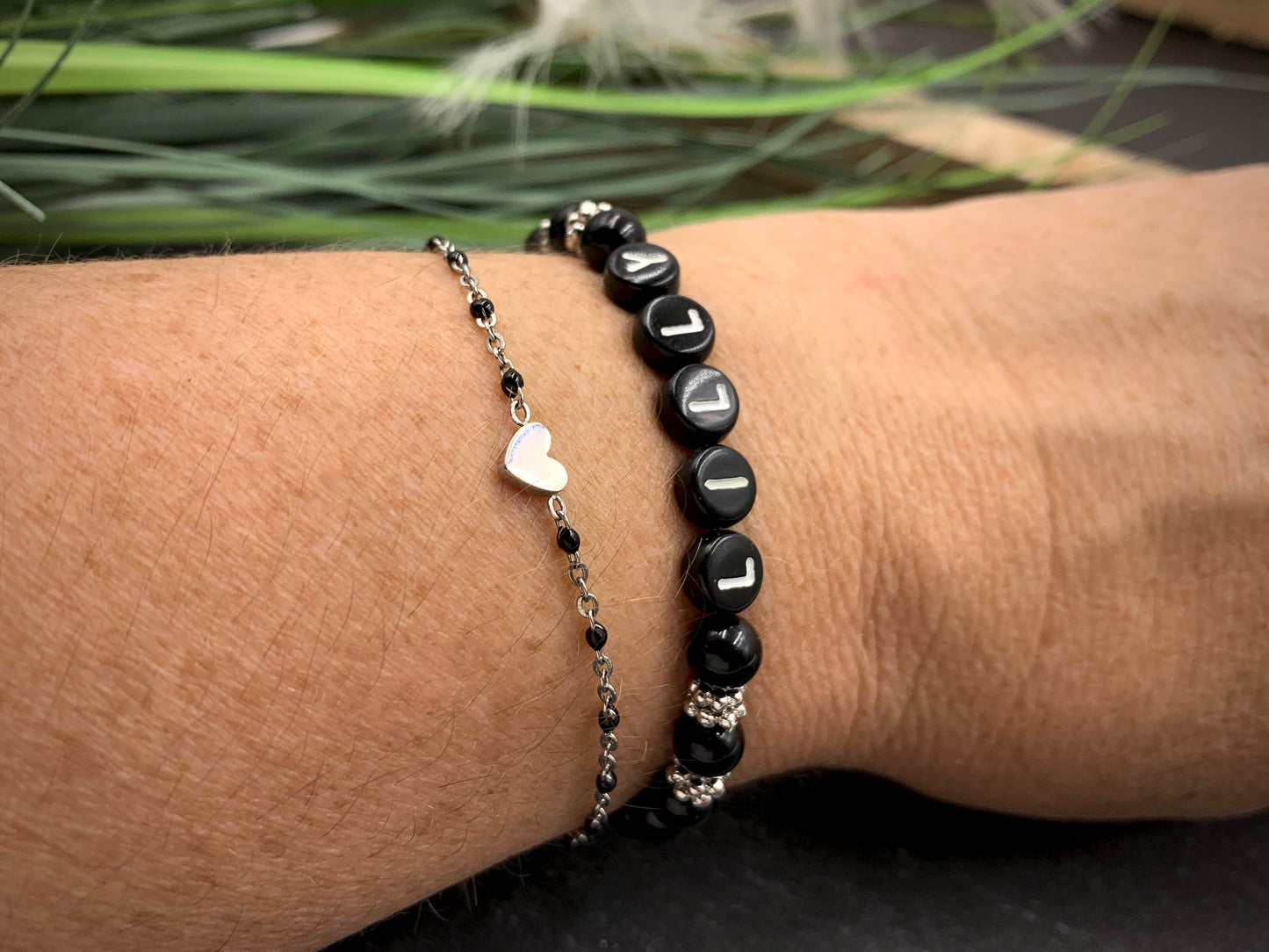 Armband schwarzer Achat Lilly mit echt platinierten Perlen - Namensarmband Freundschaftsarmband - Geschenk Mädcehn Mama Kinderarmband - Handmade personalisierbar