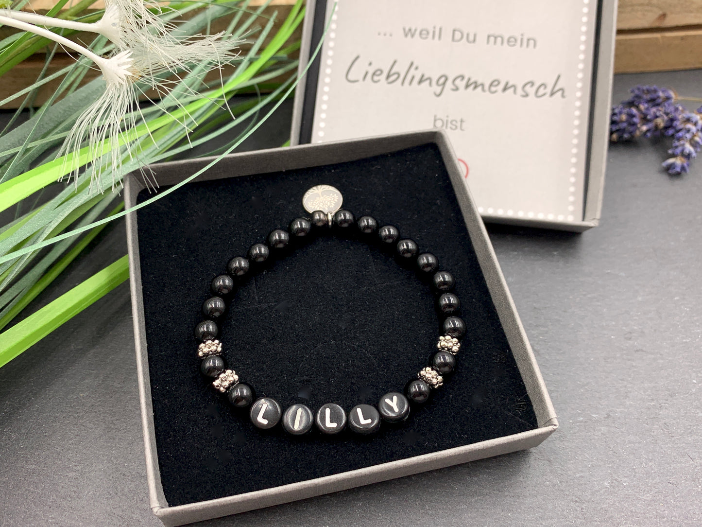 Armband schwarzer Achat Lilly mit echt platinierten Perlen - Namensarmband Freundschaftsarmband - Geschenk Mädcehn Mama Kinderarmband - Handmade personalisierbar
