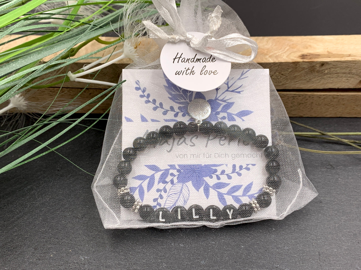 Armband schwarzer Achat Lilly mit echt platinierten Perlen - Namensarmband Freundschaftsarmband - Geschenk Mädcehn Mama Kinderarmband - Handmade personalisierbar