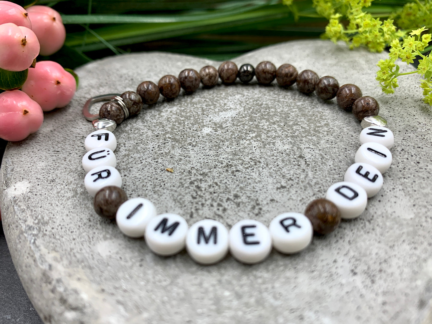 Obsidian Armband Für immer dein, Herz 18k Weißgold plated, Namensarmband nach Wunsch, Geschenk Name