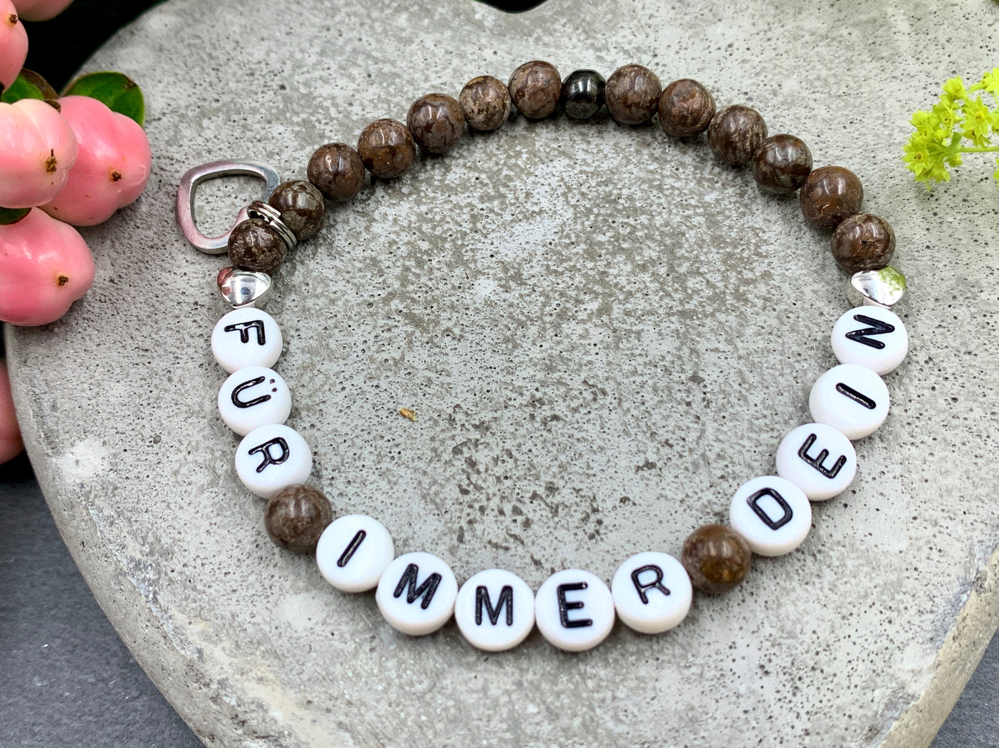 Obsidian Armband Für immer dein, Herz 18k Weißgold plated, Namensarmband nach Wunsch, Geschenk Name