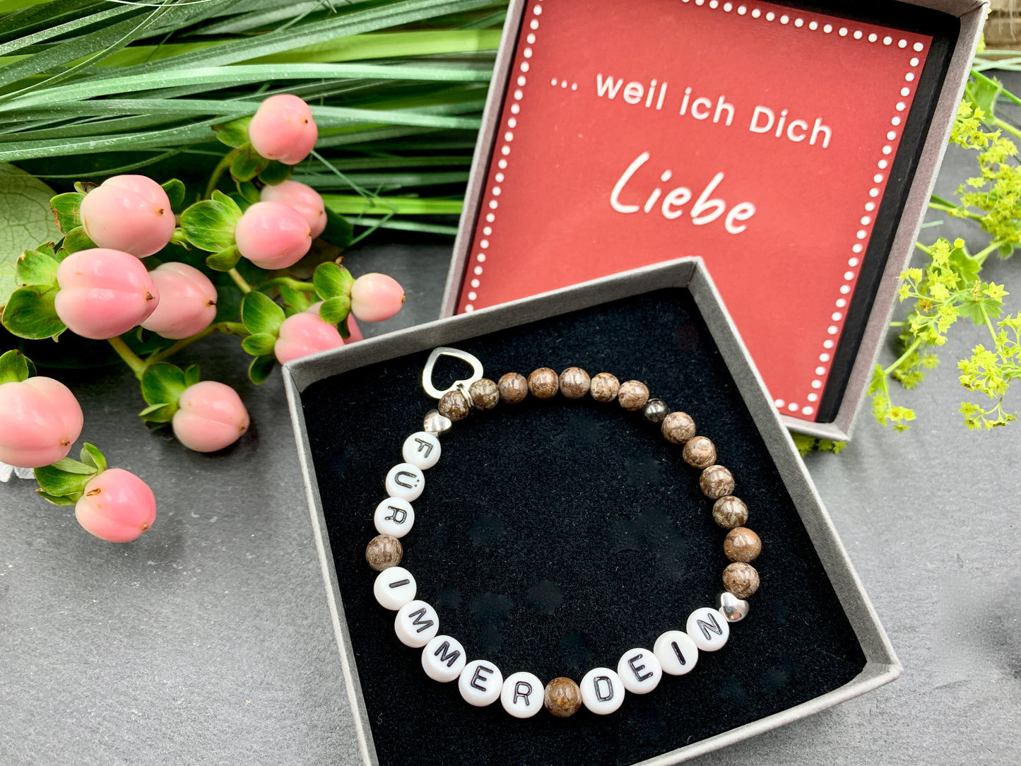 Obsidian Armband Für immer dein, Herz 18k Weißgold plated, Namensarmband nach Wunsch, Geschenk Name