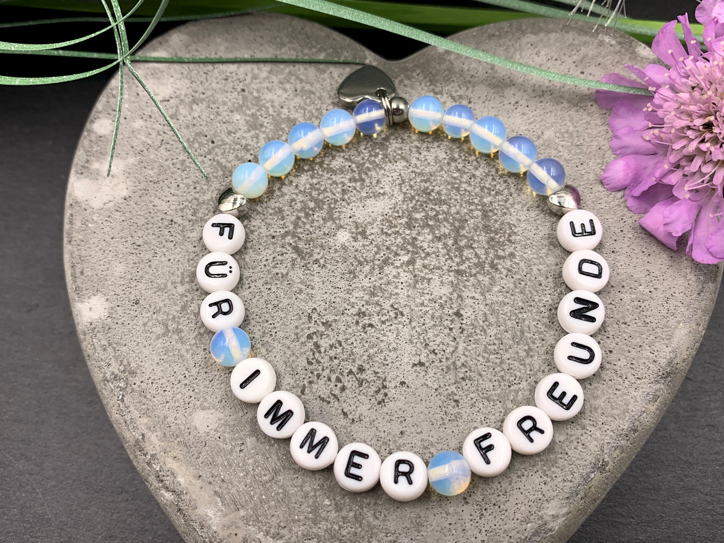 Opal Armband Für immer Freunde, Herz 18k Weißgold plated, Namensarmband nach Wunsch, Geschenk Name