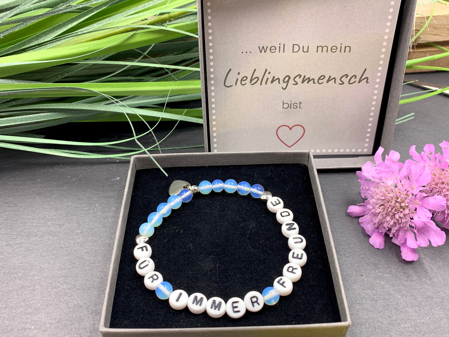Opal Armband Für immer Freunde, Herz 18k Weißgold plated, Namensarmband nach Wunsch, Geschenk Name