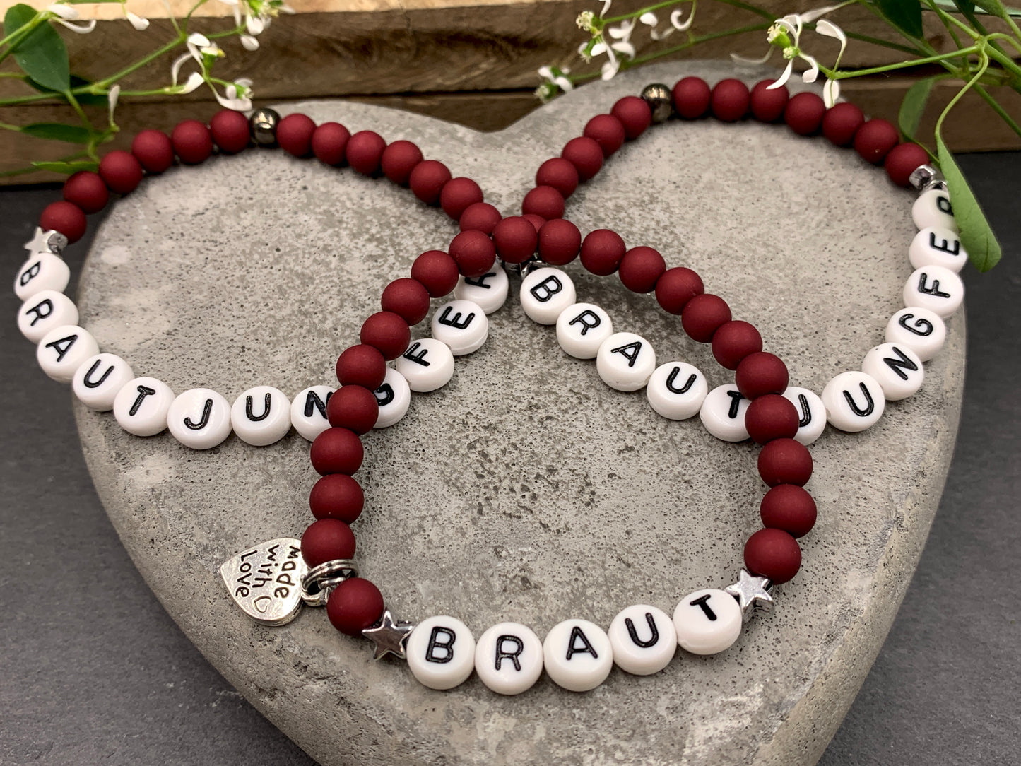Armband Brautjungfer bordeaux Acrylperlen - Geschenk Brautjungfer Trauzeugin - Andenken heiraten JGA - Handmade personalisierbar