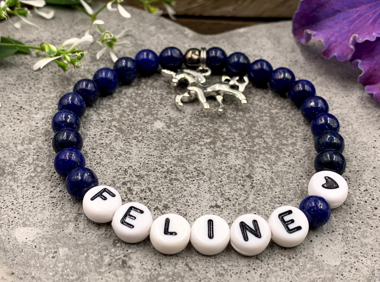 Lapislazuli Armband Feline mit Herz, Namensarmband nach Wunsch, Geschenk Name