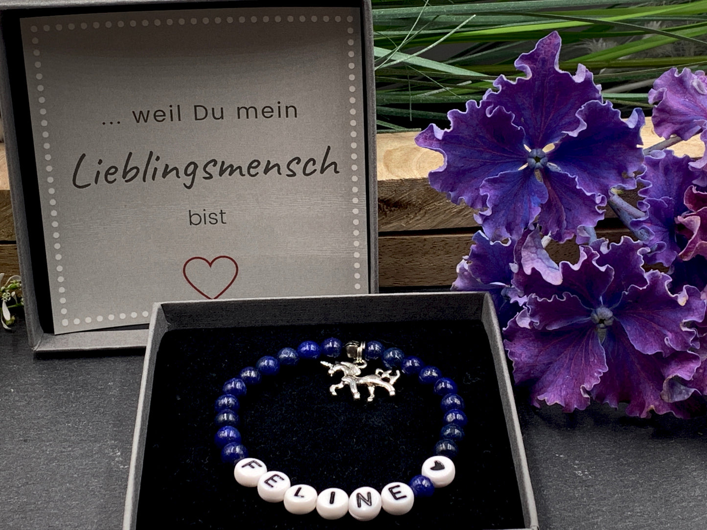 Lapislazuli Armband Feline mit Herz, Namensarmband nach Wunsch, Geschenk Name