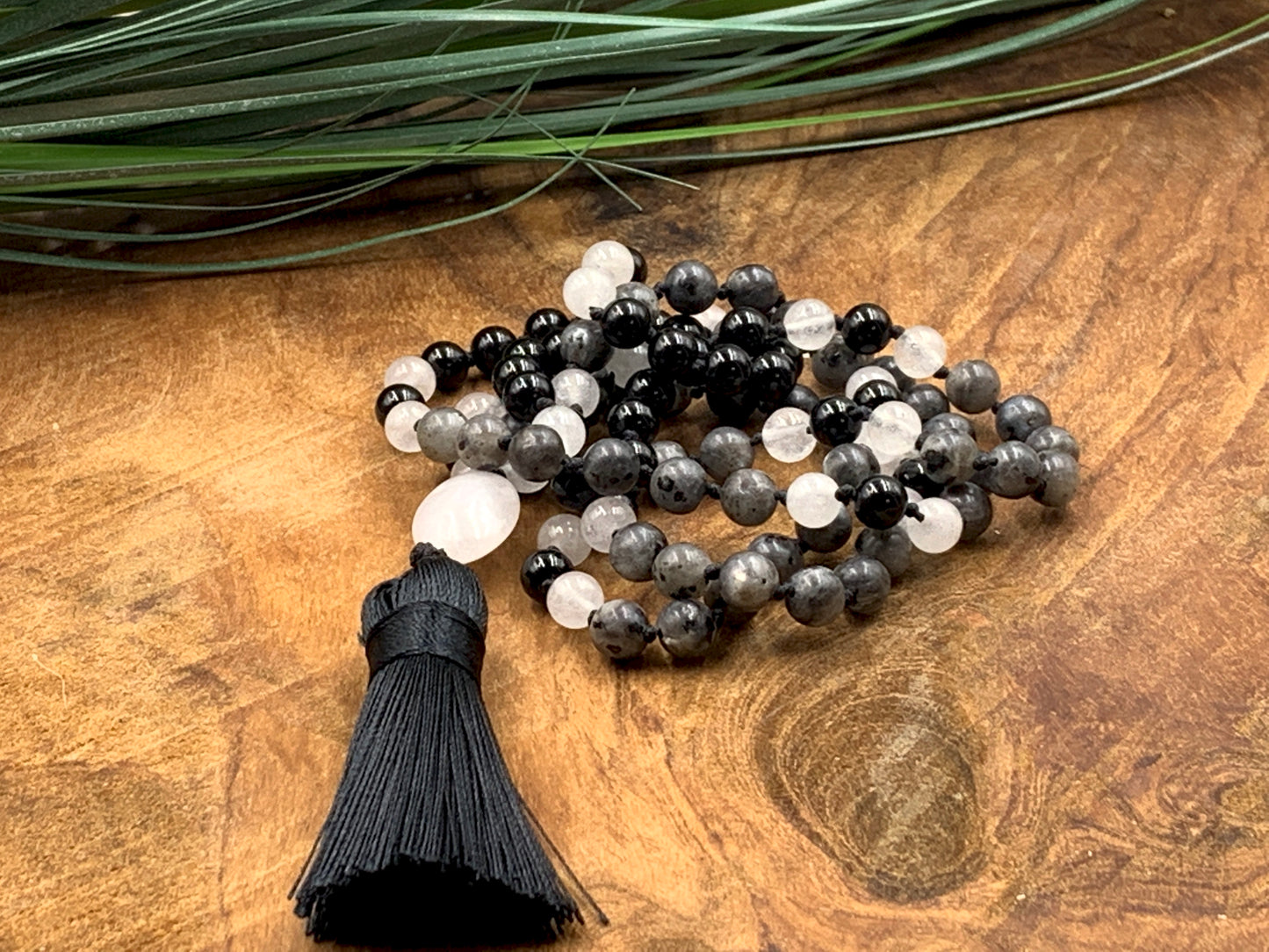 Malakette handgeknotet aus Labradorit Achat und Opal - Meditationskette 108 Perlen Halskette - Gebetskette Yoga - Handmade personalisierbar