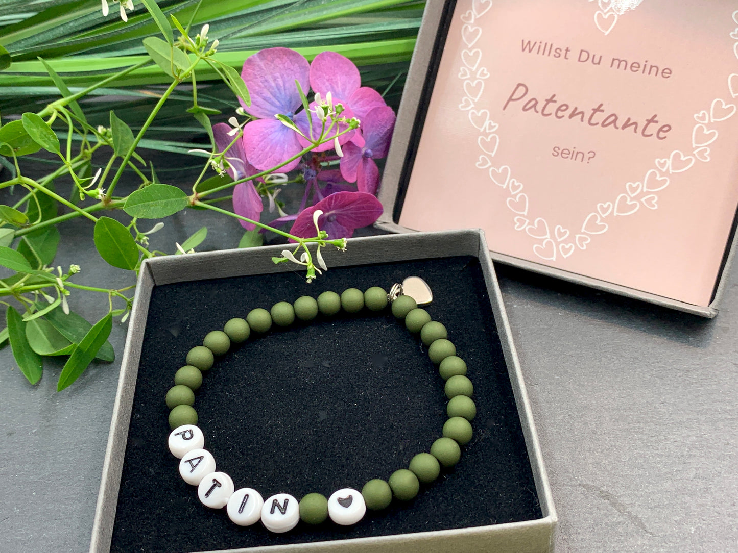 Armband Patin oliv Acryl - Geschenk Taufe Patentante Patenschaft - Frage: Willst Du meine Taufpatin sein - Handmade personalisierbar