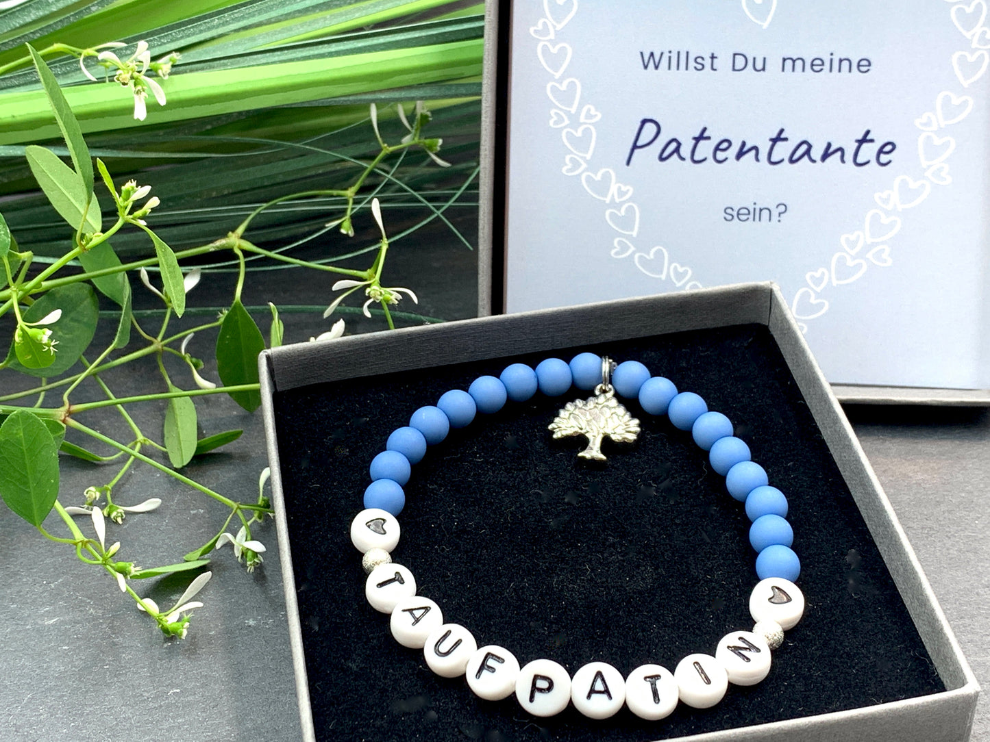 Armband Taufpatin blau, Geschenk Taufe, Patenschaft, Willst Du meine Taufpatin sein?