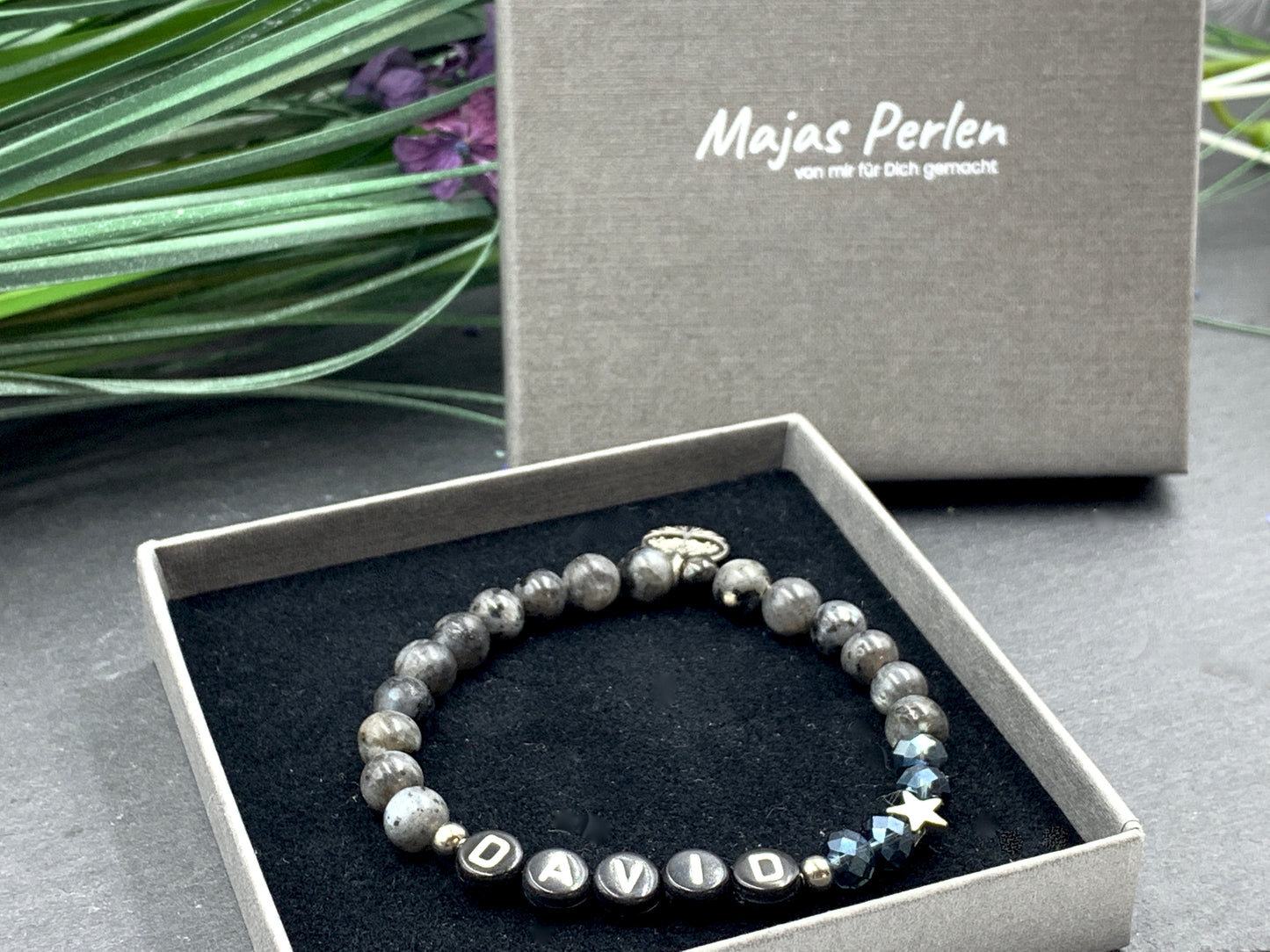 Armband David Labradorit, Namens Armband mit Stern echt platiniert, Geschenk für lieben Jungen, 925 Silber Perlen