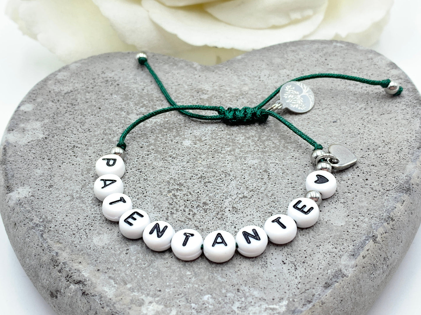Armband Makramee Patentante Dunkelgrün Perlen Edelstahl - Geschenk Patenschaft Andenken Taufgeschenk Pate - viele Farben personalisierbar