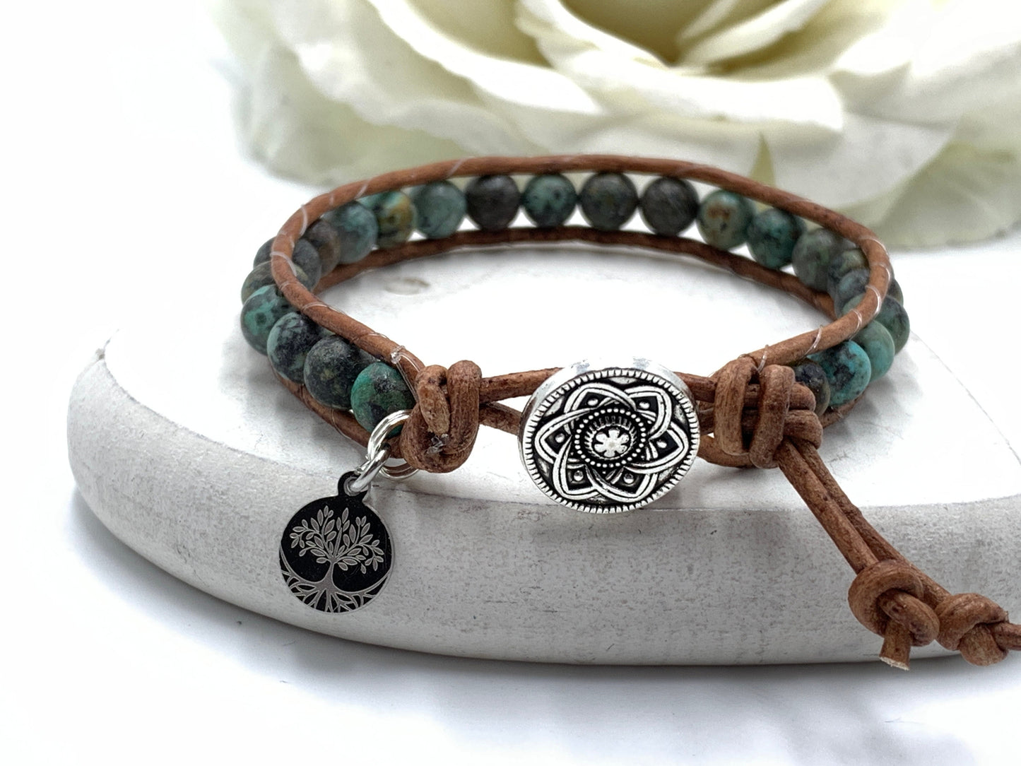 Wickelarmband Afrikanischer Türkis echter Naturstein - Perlenarmband Damen gewickelt Bohostil - Geschenk Liebe Glück - personalisierbar