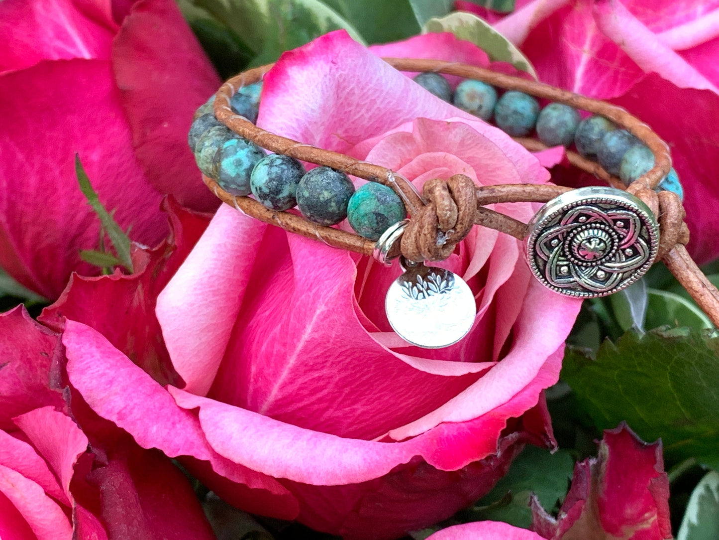Wickelarmband Afrikanischer Türkis echter Naturstein - Perlenarmband Damen gewickelt Bohostil - Geschenk Liebe Glück - personalisierbar