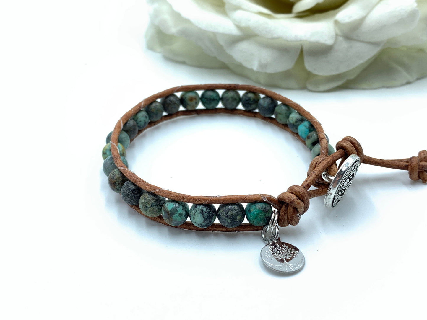 Wickelarmband Afrikanischer Türkis echter Naturstein - Perlenarmband Damen gewickelt Bohostil - Geschenk Liebe Glück - personalisierbar