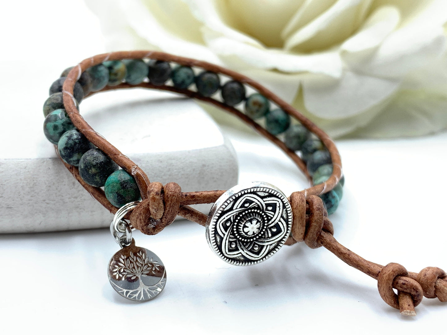 Wickelarmband Afrikanischer Türkis echter Naturstein - Perlenarmband Damen gewickelt Bohostil - Geschenk Liebe Glück - personalisierbar
