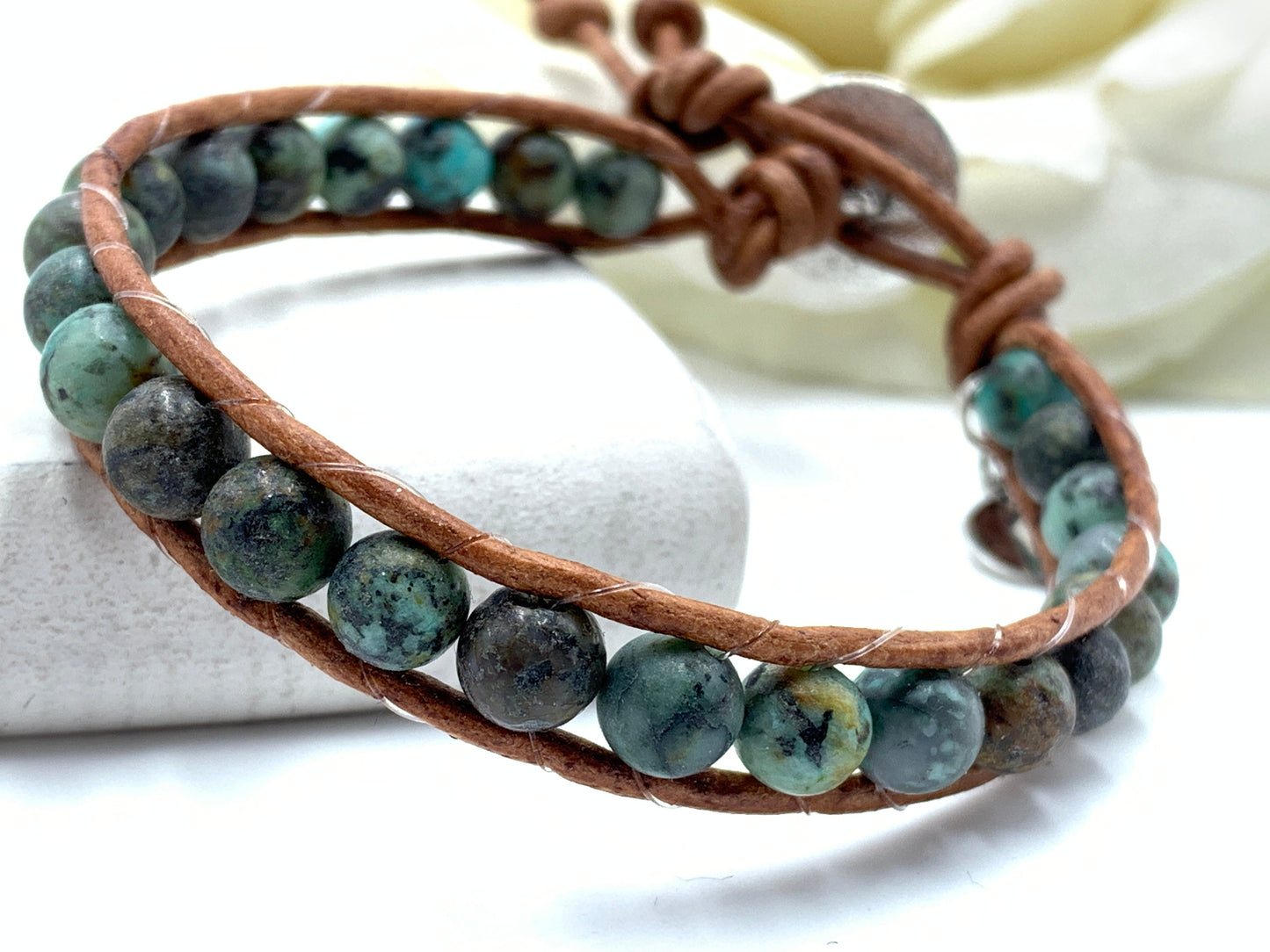 Wickelarmband Afrikanischer Türkis echter Naturstein - Perlenarmband Damen gewickelt Bohostil - Geschenk Liebe Glück - personalisierbar