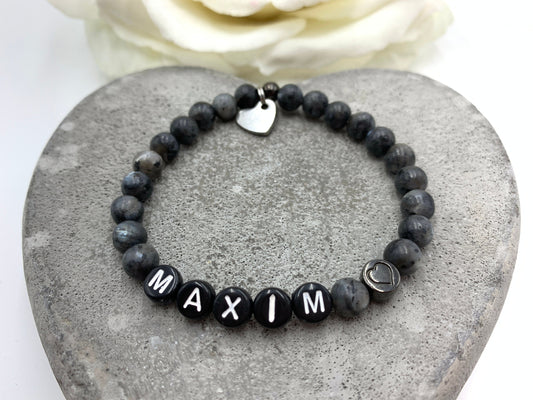 Perlenarmband Labradorit mit Namen - Herz DQ - Geschenk Geburt Mama Liebe Freundschaft Lieblingsmensch - personalisierbar Wunschedelstein