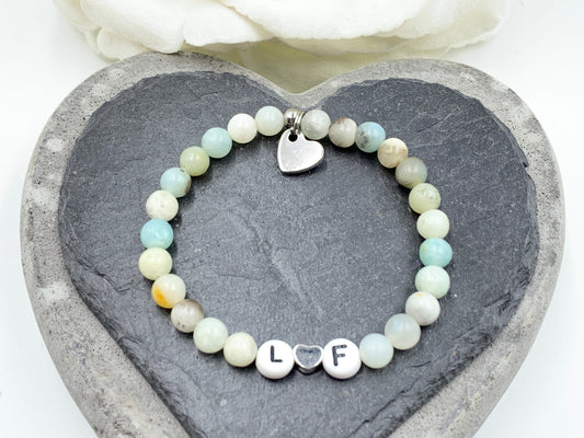 Armband Initialen Amazonit echte Naturperlen - Herz echt Platiniert - Namensarmband Geschenk Liebe Mama Lieblingsmensch - personalisierbar