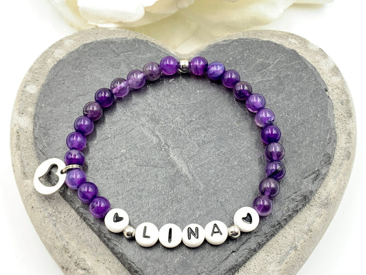 Perlenarmband Amethyst echt mit Name - Geschenk Mama Geburt Liebe Andenken Lieblingsmensch Mädchenarmband - Wunschedelstein personalisierbar