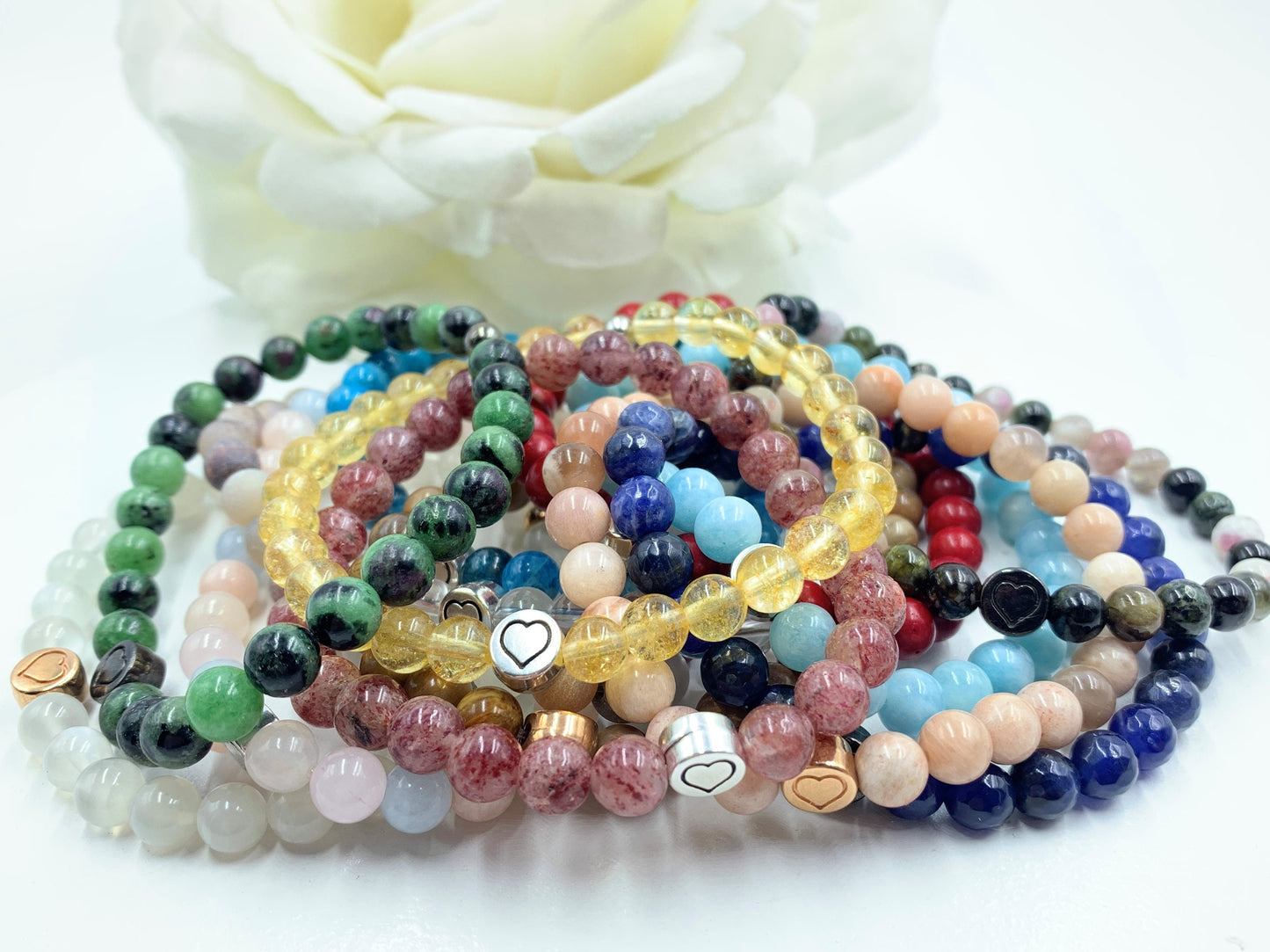 Armband Morganit echter Naturstein mit Herz DQ - Silber Gold Roségold Gunmetal - spirituelles Armband - Geschenk Liebe Glück Freundin