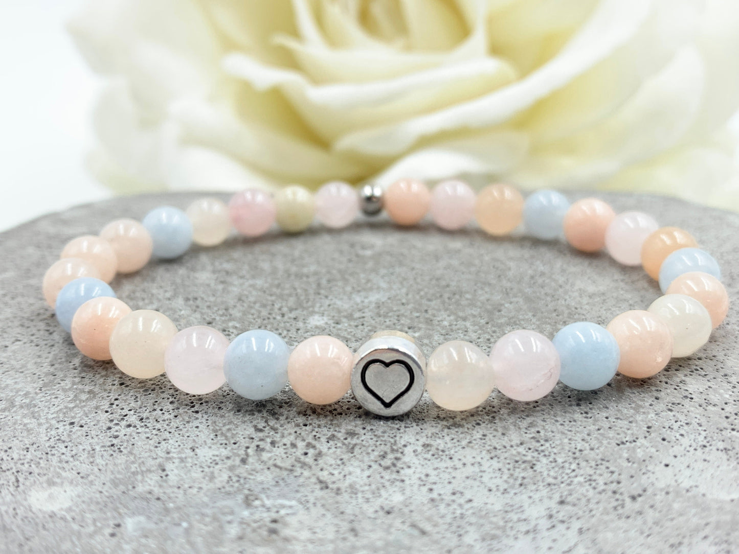 Armband Morganit echter Naturstein mit Herz DQ - Silber Gold Roségold Gunmetal - spirituelles Armband - Geschenk Liebe Glück Freundin