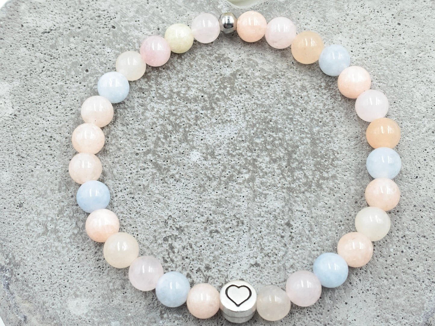 Armband Morganit echter Naturstein mit Herz DQ - Silber Gold Roségold Gunmetal - spirituelles Armband - Geschenk Liebe Glück Freundin