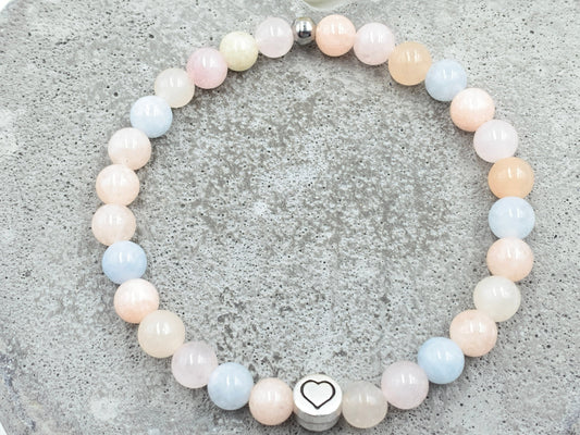 Armband Morganit echter Naturstein mit Herz DQ - Silber Gold Roségold Gunmetal - spirituelles Armband - Geschenk Liebe Glück Freundin