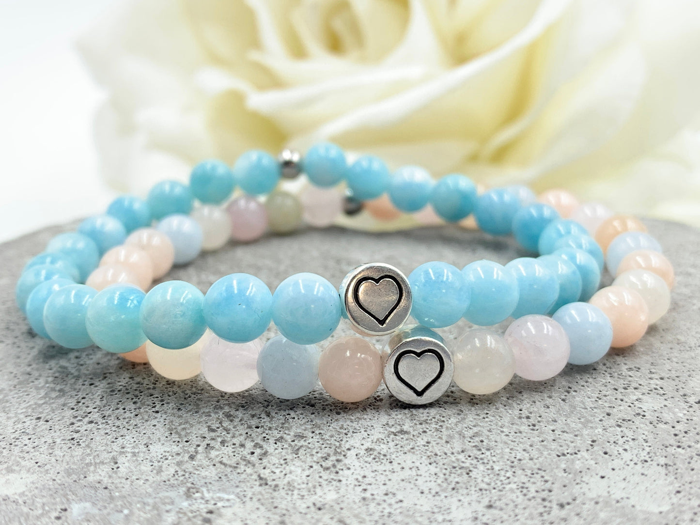 Armband Morganit echter Naturstein mit Herz DQ - Silber Gold Roségold Gunmetal - spirituelles Armband - Geschenk Liebe Glück Freundin
