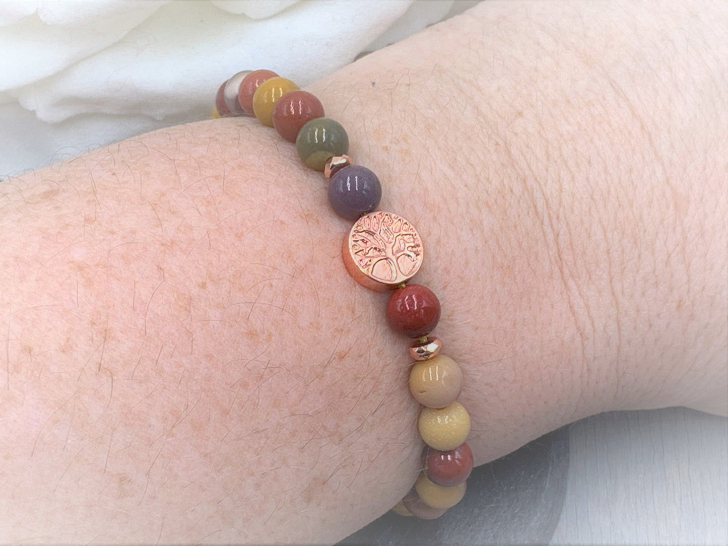 Perlenarmband Mookait Makramee Lebensbaum Hämatit Roségold - Gunmetal Dunkelsilber Silber - spirituelles Armband Wachstum Ganzheit Erdung