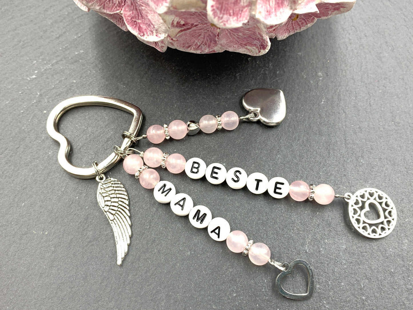 Schlüsselanhänger Beste Mama Rosenquarz echte Natursteine - Geschenk Mama Tante Oma Geburt Liebe - viele Edelsteine - personalisierbar