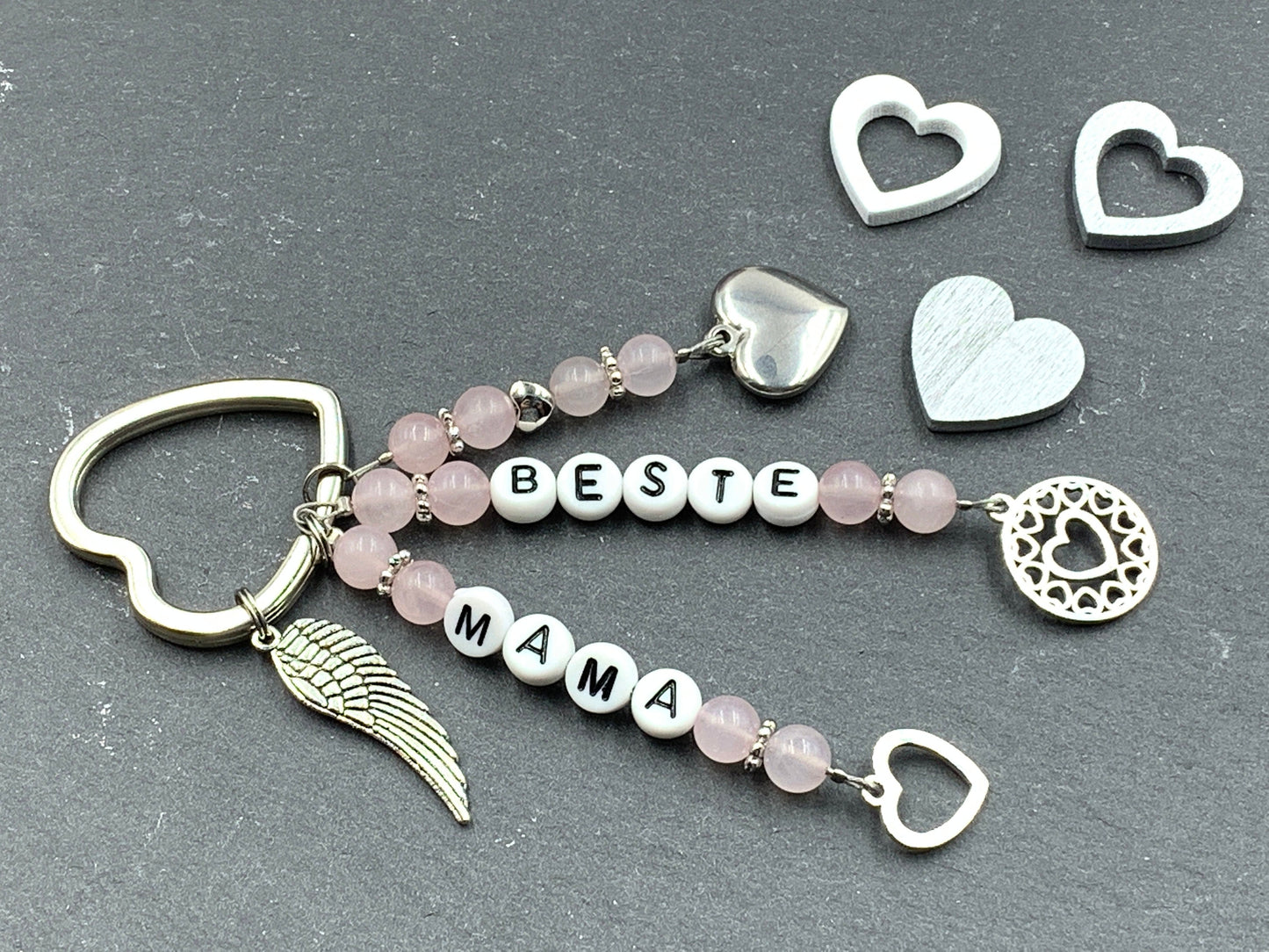 Schlüsselanhänger Beste Mama Rosenquarz echte Natursteine - Geschenk Mama Tante Oma Geburt Liebe - viele Edelsteine - personalisierbar