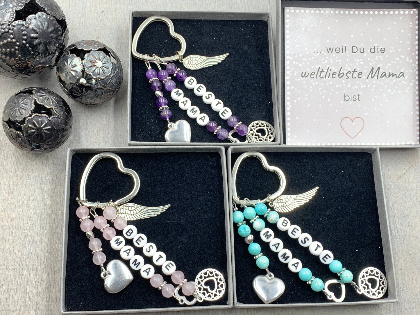 Schlüsselanhänger Beste Mama Rosenquarz echte Natursteine - Geschenk Mama Tante Oma Geburt Liebe - viele Edelsteine - personalisierbar