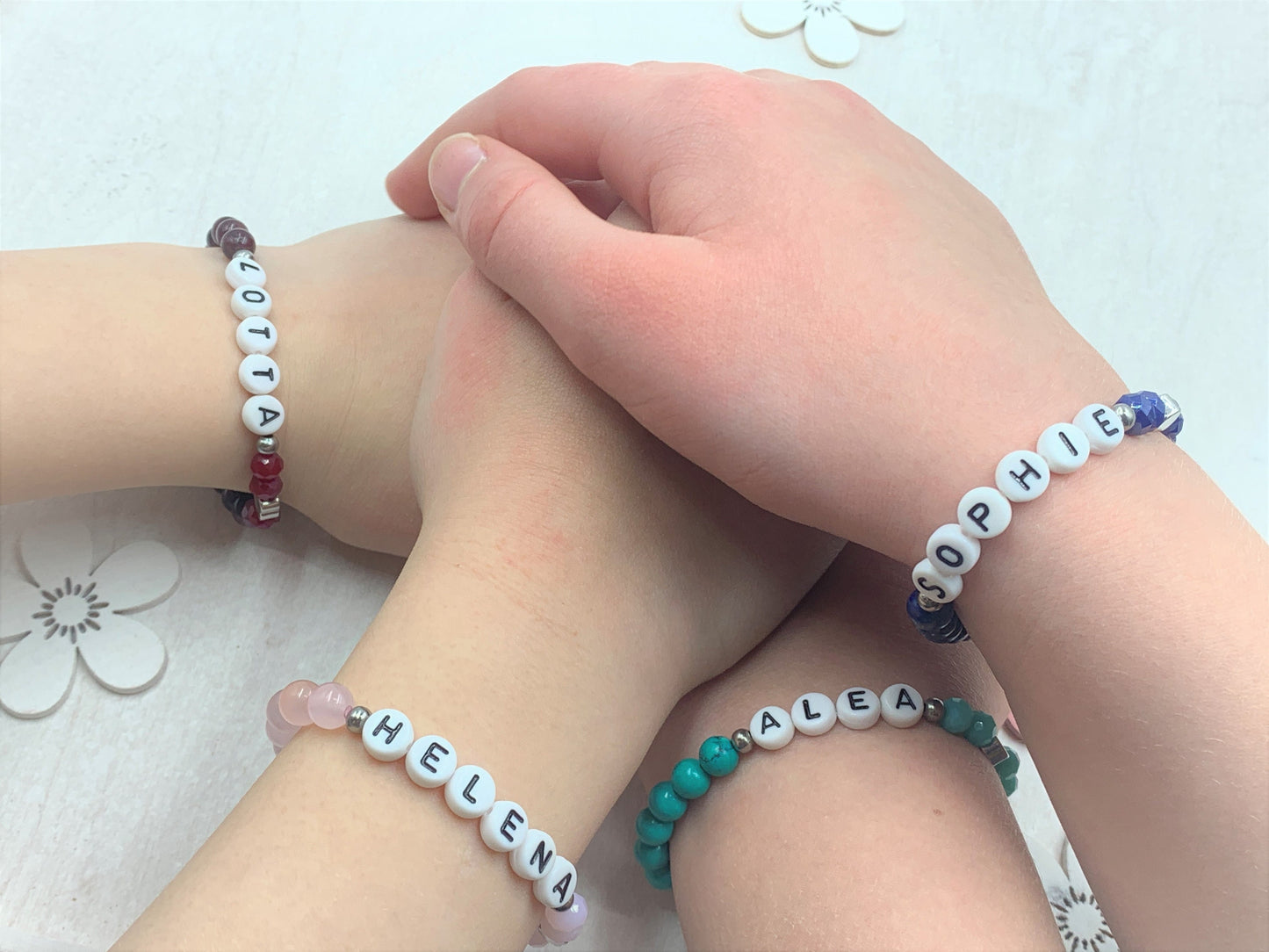 Perlenarmband Rosenquarz mit Namen - Namensarmband mit Herz Platiniert - 925 Silber Perlen - echte Edelsteine nach Wunsch - Geschenk Liebe
