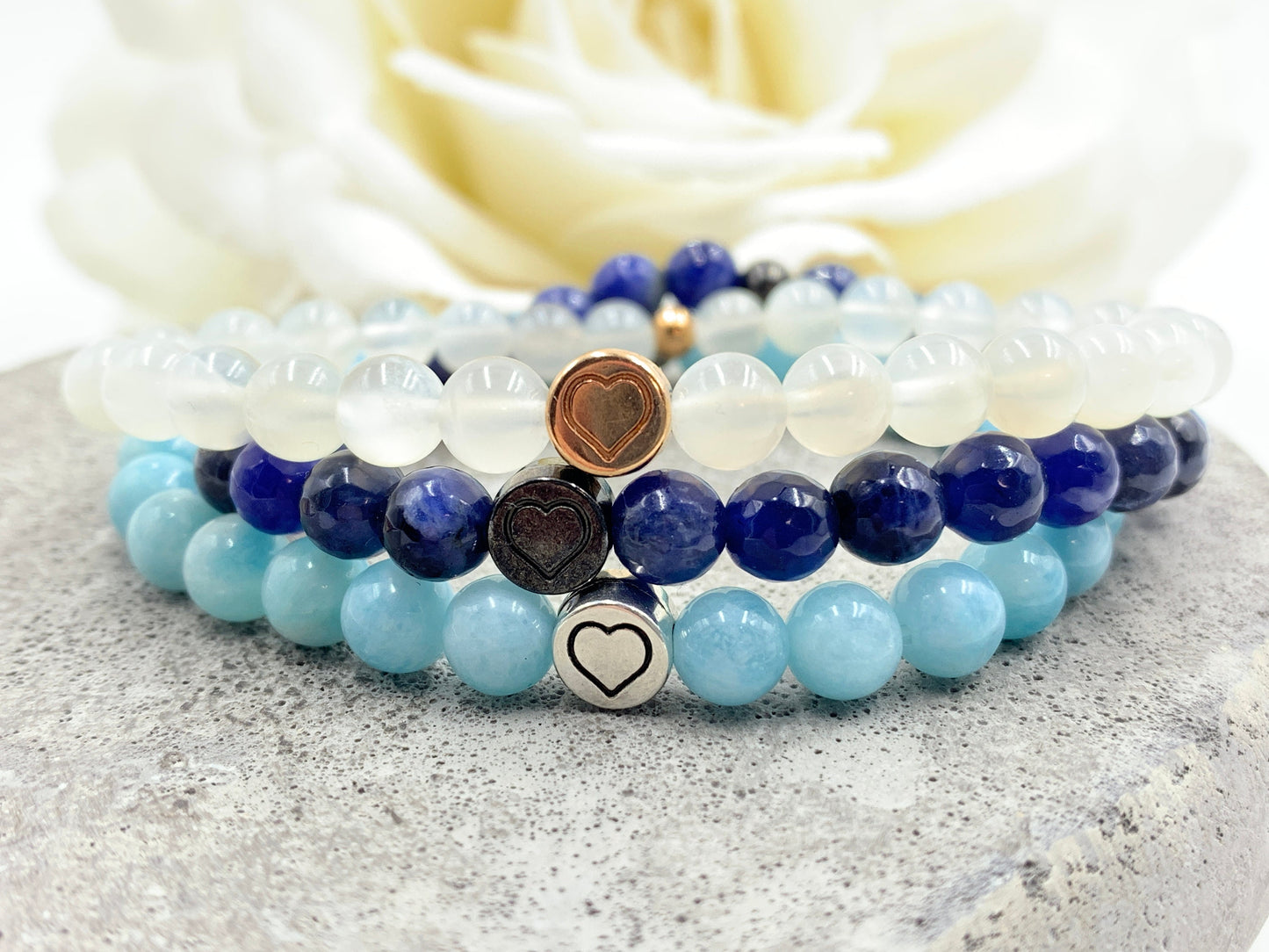 Armband Morganit echter Naturstein mit Herz DQ - Silber Gold Roségold Gunmetal - spirituelles Armband - Geschenk Liebe Glück Freundin