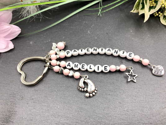 Schlüsselanhänger Patentante Acryl 6 mm Rosa - Edelsteine möglich - Willst du Patin werden? - Geschenk für Patenschaft und Taufe - anpassbar