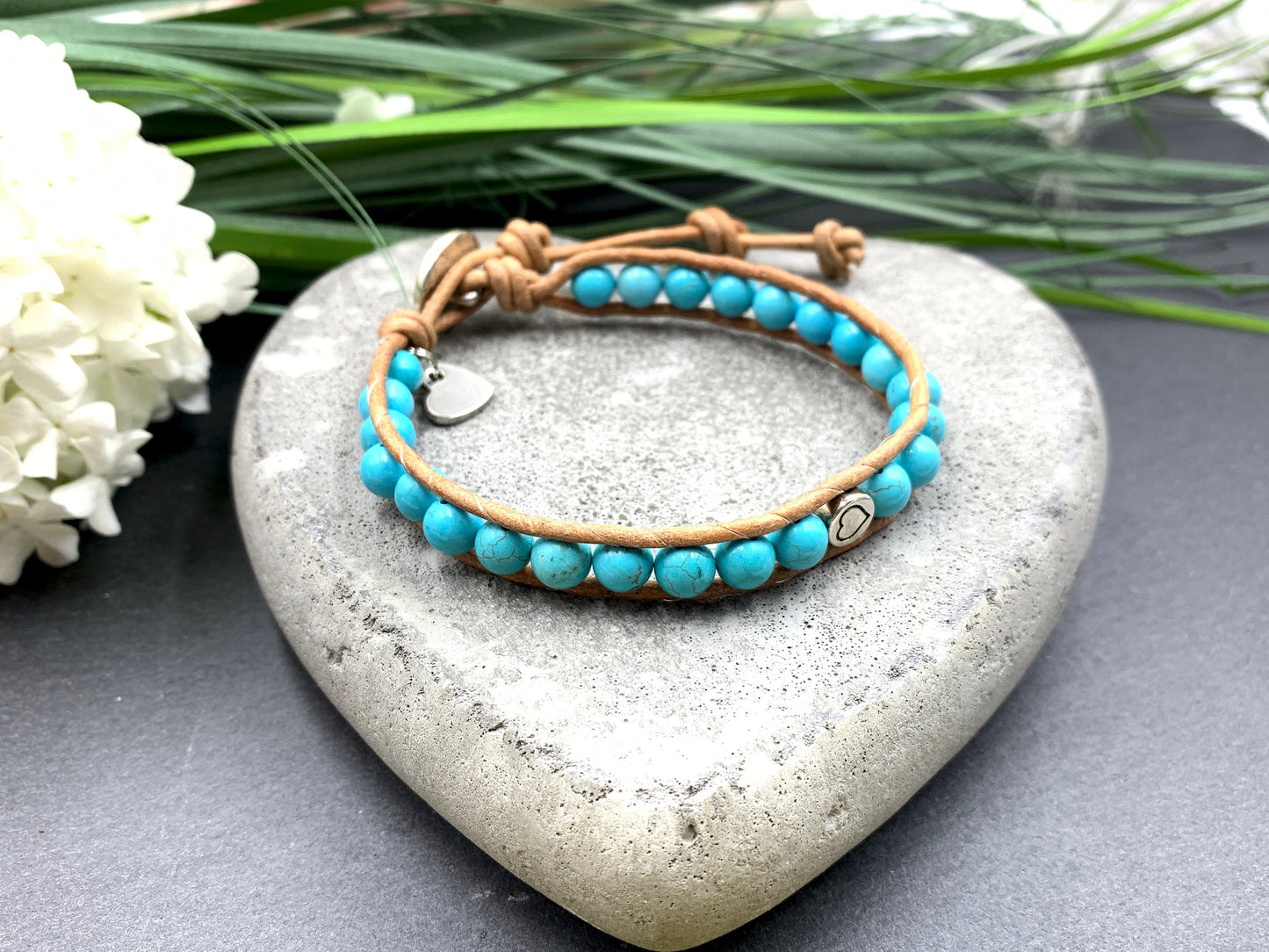 Armband gewickelt Türkis und Leder - Bohoarmband gewickelt - Geschenk Mama beste Freundin Geburtstag - Edelstein wählbar