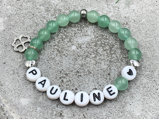 Perlenarmband Aventurin mit Name Herz platiniert - Geschenk Geburt Taufe Mama Namensarmband Freundschaft personalisierbar Wunschedelstein