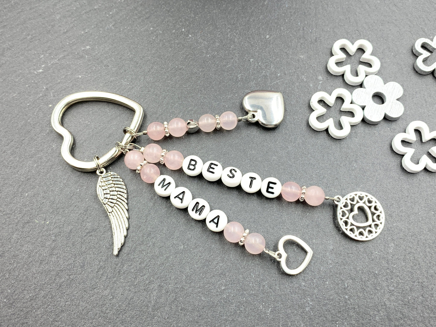 Schlüsselanhänger Beste Mama Rosenquarz echte Natursteine - Geschenk Mama Tante Oma Geburt Liebe - viele Edelsteine - personalisierbar