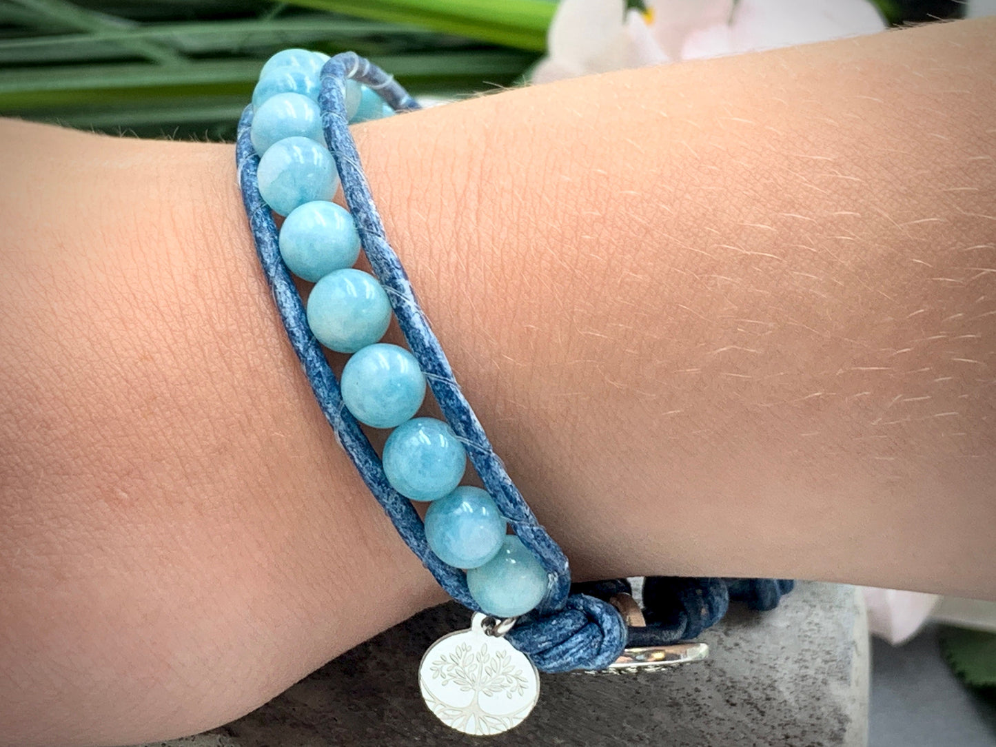 Wickelarmband Aquamarin echt mit Leder - Bohoarmband gewickelt Aquamarin - Geschenk Lieblingsmensch - Edelstein nach Wunsch