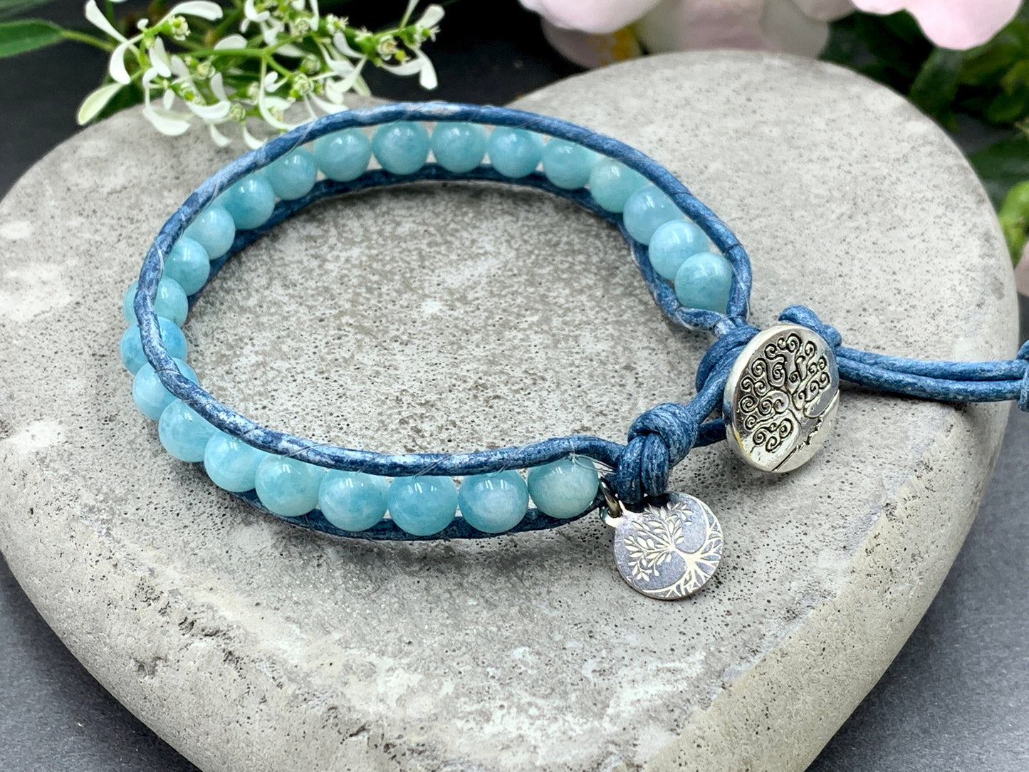 Wickelarmband Aquamarin echt mit Leder - Bohoarmband gewickelt Aquamarin - Geschenk Lieblingsmensch - Edelstein nach Wunsch