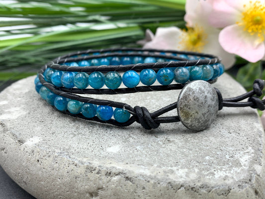 Armband gewickelt Apatit echt und Leder - Wickelarmband mit Wunschedelstein - Schmuck Boho Vintage Style - Edelstein wählbar